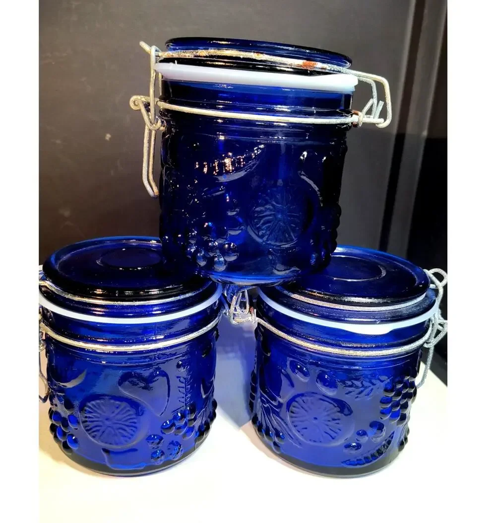 1056.  Cobalt Blue Cannister New Seal Wire Bale Hinged Lid